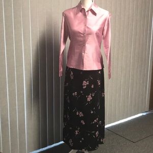 Silk Blouse & Silk Skirt 2-piece Outfit Pink Black